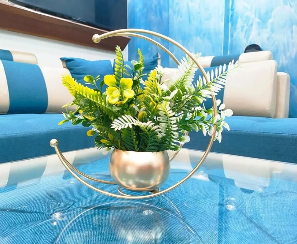 Dream Deco Metal Geometric Design Vase with Gold Finish - Designer Moon Shape Vase Gold Metal Moon Shape Flower Pot, Table Decorative Flower Pot (Size 24 x 24cm)