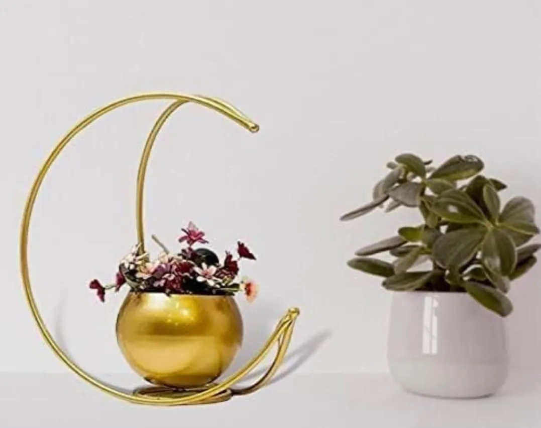 Dream Deco Metal Geometric Design Vase with Gold Finish - Designer Moon Shape Vase Gold Metal Moon Shape Flower Pot, Table Decorative Flower Pot (Size 24 x 24cm)