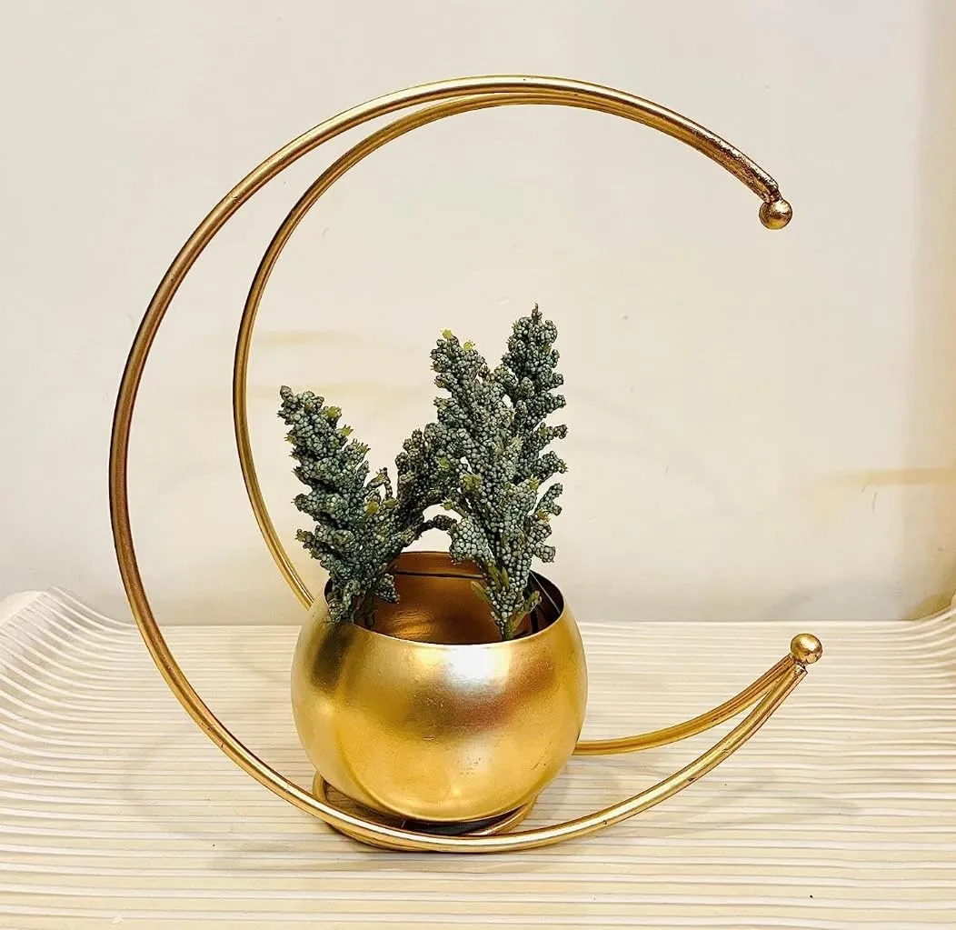 Dream Deco Metal Geometric Design Vase with Gold Finish - Designer Moon Shape Vase Gold Metal Moon Shape Flower Pot, Table Decorative Flower Pot (Size 24 x 24cm)