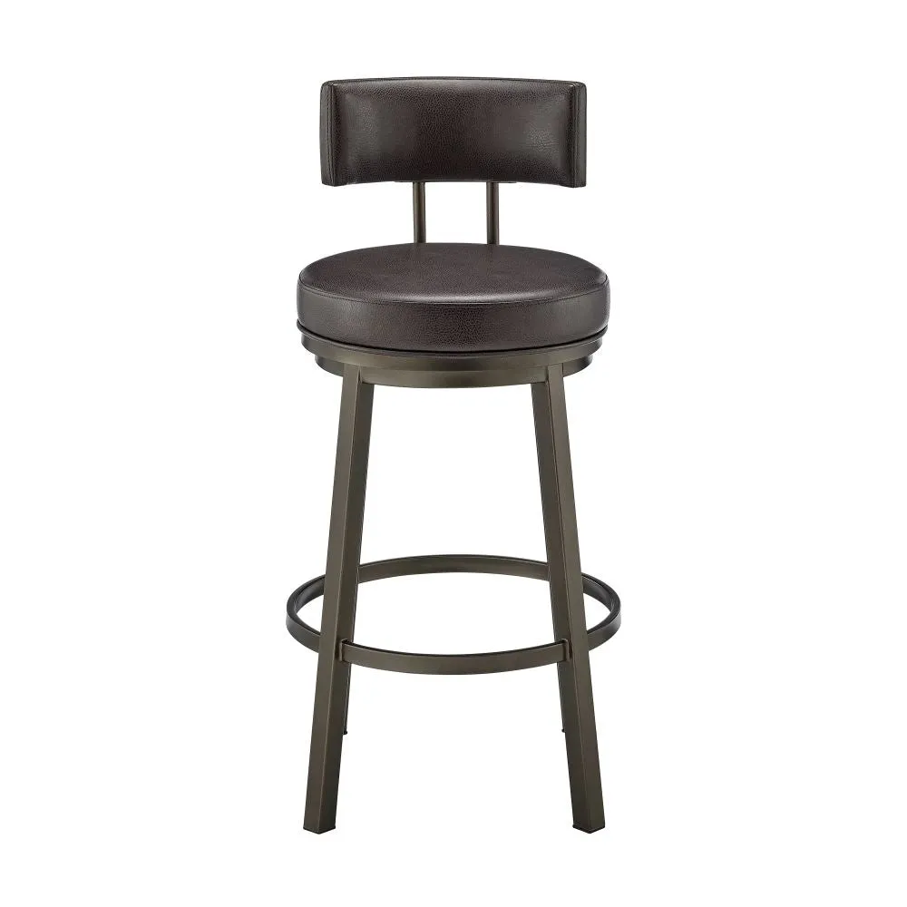 Eleanor 30 Inch Swivel Bar Stool Chair, Round Mocha Brown Faux Leather Seat By Casagear Home