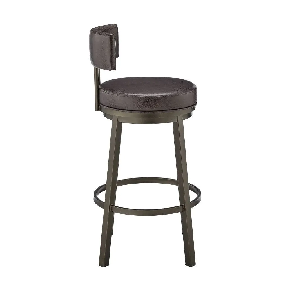 Eleanor 30 Inch Swivel Bar Stool Chair, Round Mocha Brown Faux Leather Seat By Casagear Home