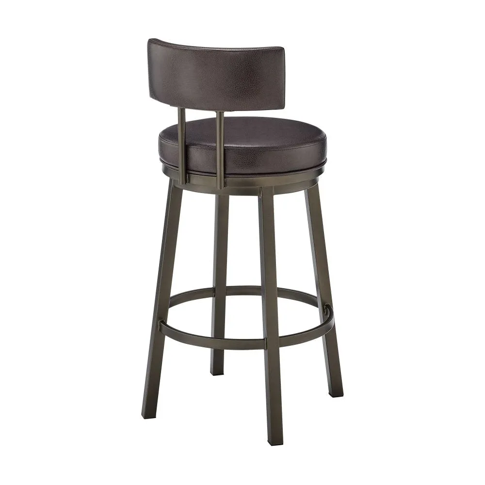 Eleanor 30 Inch Swivel Bar Stool Chair, Round Mocha Brown Faux Leather Seat By Casagear Home
