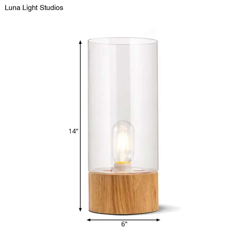 Farmhouse Style Clear Glass Nightstand Lamp - Cylinder Shape with Wood Base