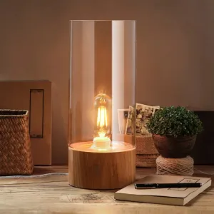 Farmhouse Style Clear Glass Nightstand Lamp - Cylinder Shape with Wood Base