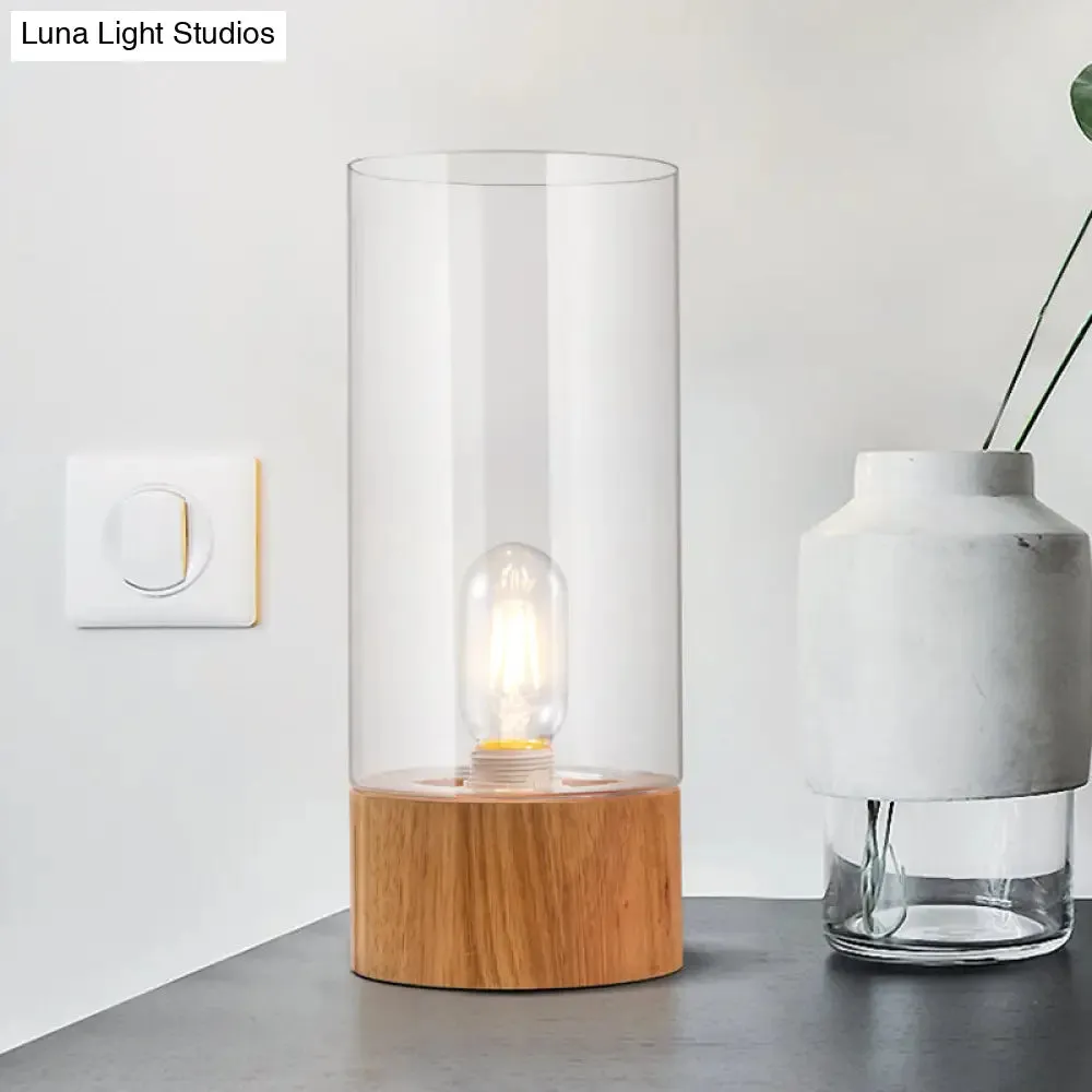 Farmhouse Style Clear Glass Nightstand Lamp - Cylinder Shape with Wood Base