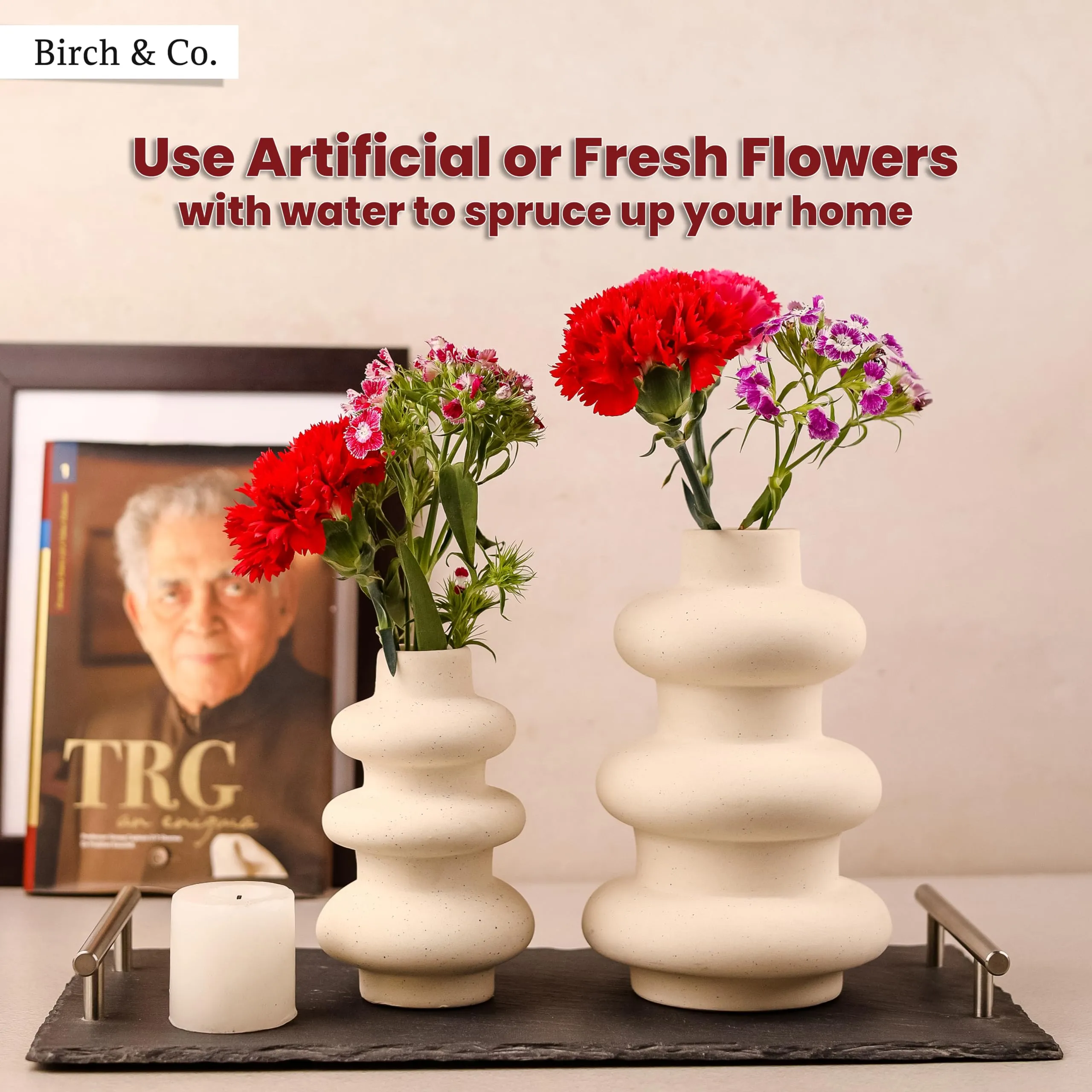 Flower Vase - Vase - Vases for Home Décor - Flower Vases Home Decor - Flower Vase Big Size - Ceramic Vase - Vase for Living Room, Waterproof Earthy Matte Finish, Wave Shape, 6 * 9", White, 2 Pcs.