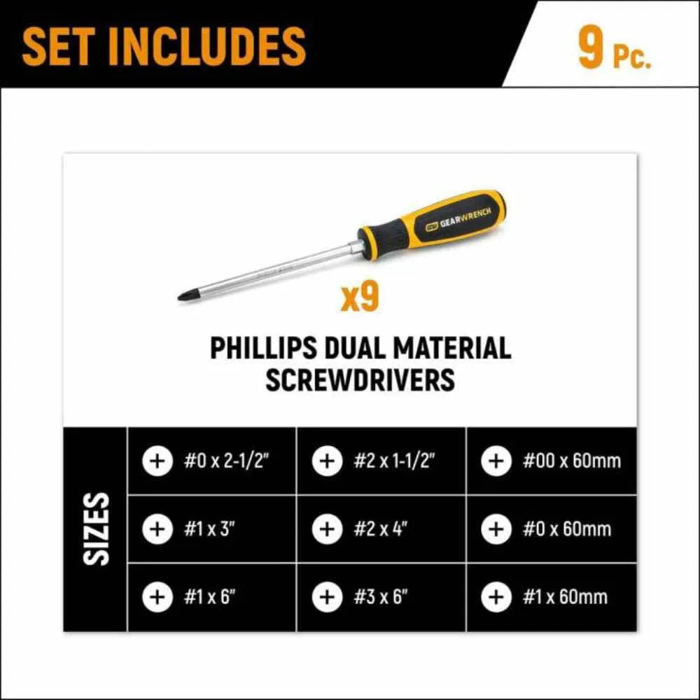 Gearwrench GWMSSCRPH 9 Piece Phillips® Dual Material Screwdriver Set in Foam Storage Tray