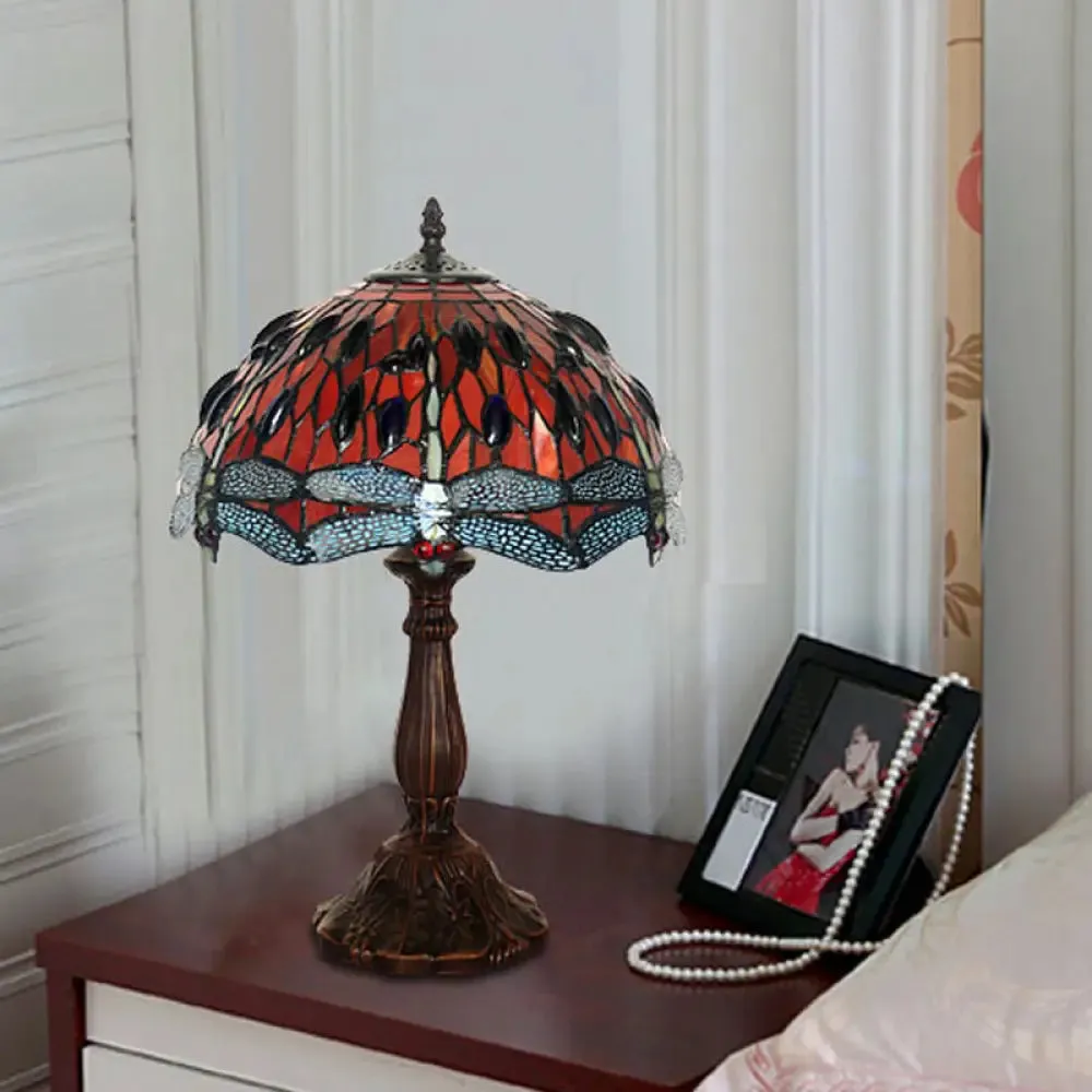 Giedi - Laburnum Laburnum Table Light 1-Light Red Glass Tiffany Nightstand Lamp with Gem-Like Cabochons in Bronze