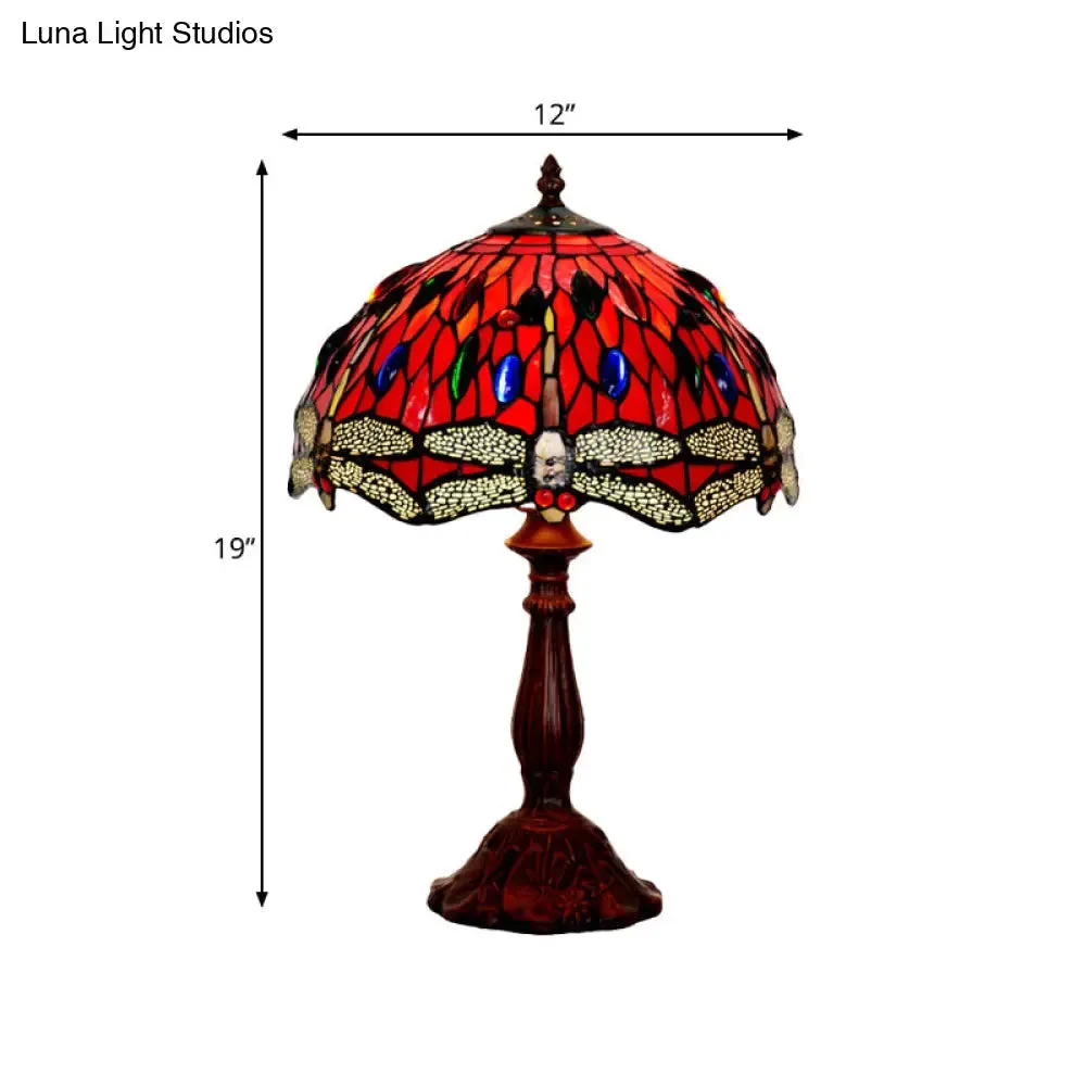 Giedi - Laburnum Laburnum Table Light 1-Light Red Glass Tiffany Nightstand Lamp with Gem-Like Cabochons in Bronze