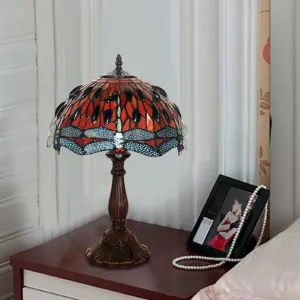Giedi - Laburnum Laburnum Table Light 1-Light Red Glass Tiffany Nightstand Lamp with Gem-Like Cabochons in Bronze