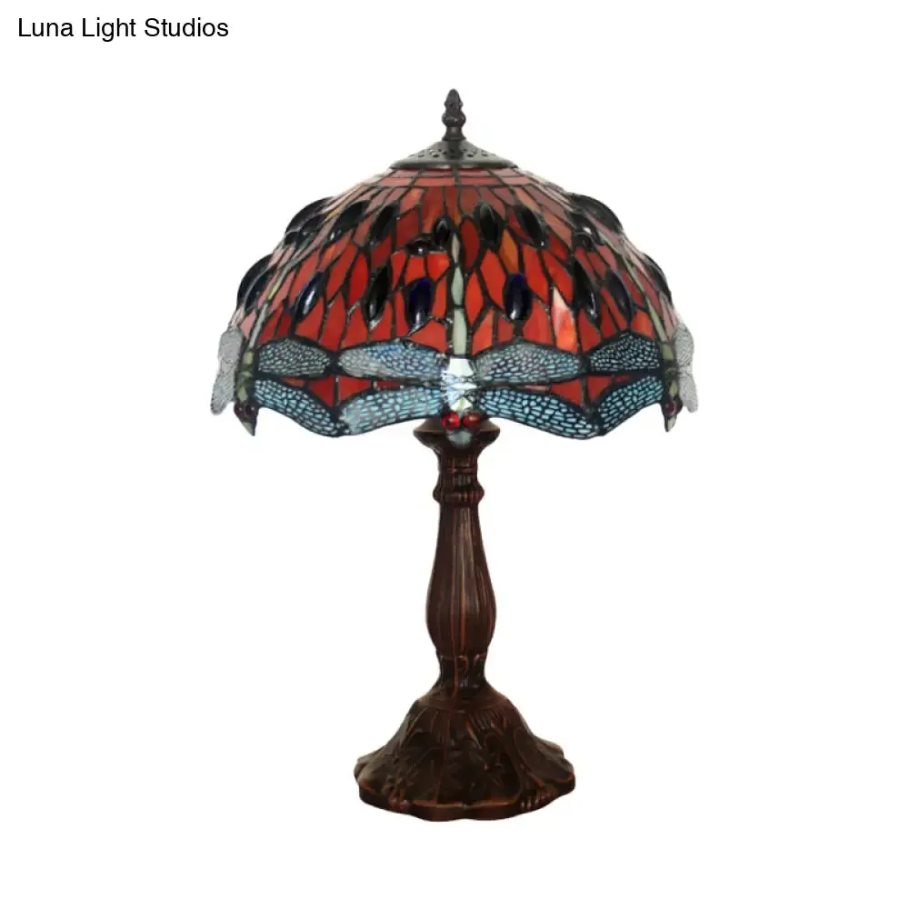 Giedi - Laburnum Laburnum Table Light 1-Light Red Glass Tiffany Nightstand Lamp with Gem-Like Cabochons in Bronze