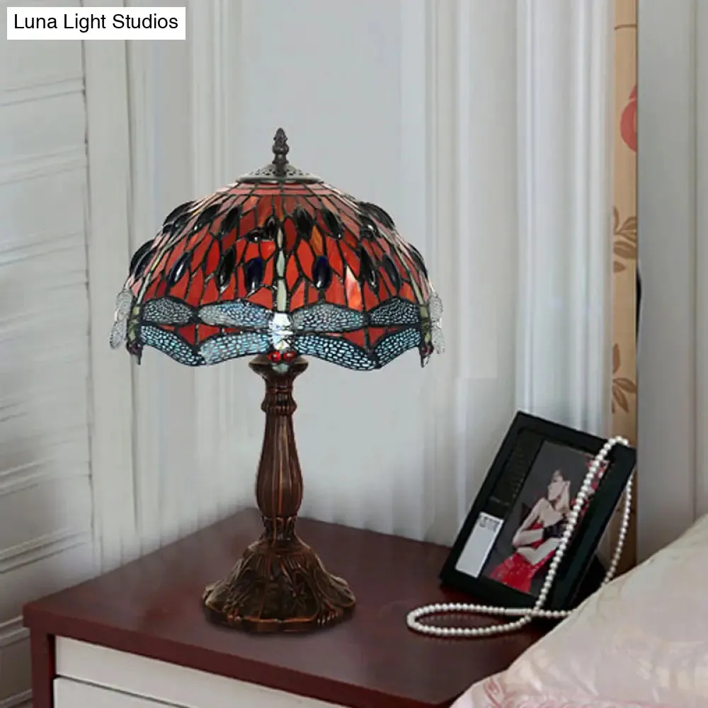 Giedi - Laburnum Laburnum Table Light 1-Light Red Glass Tiffany Nightstand Lamp with Gem-Like Cabochons in Bronze