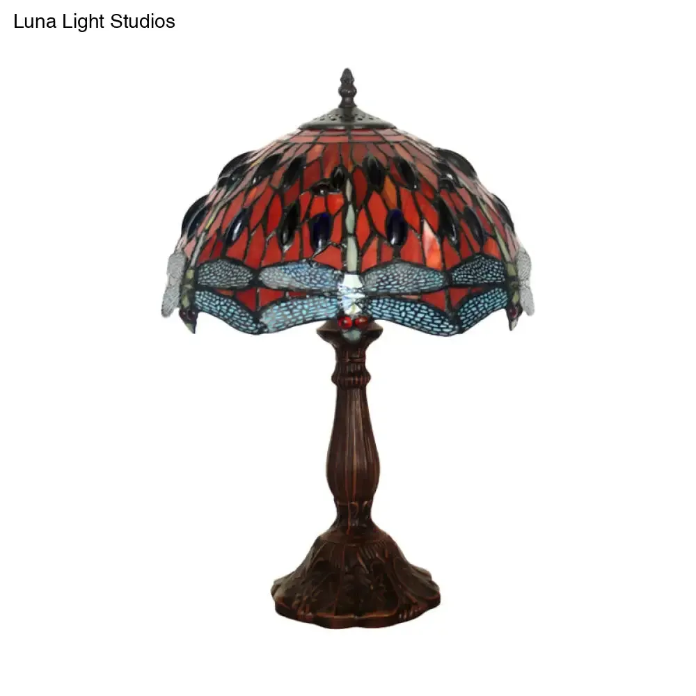 Giedi - Laburnum Laburnum Table Light 1-Light Red Glass Tiffany Nightstand Lamp with Gem-Like Cabochons in Bronze