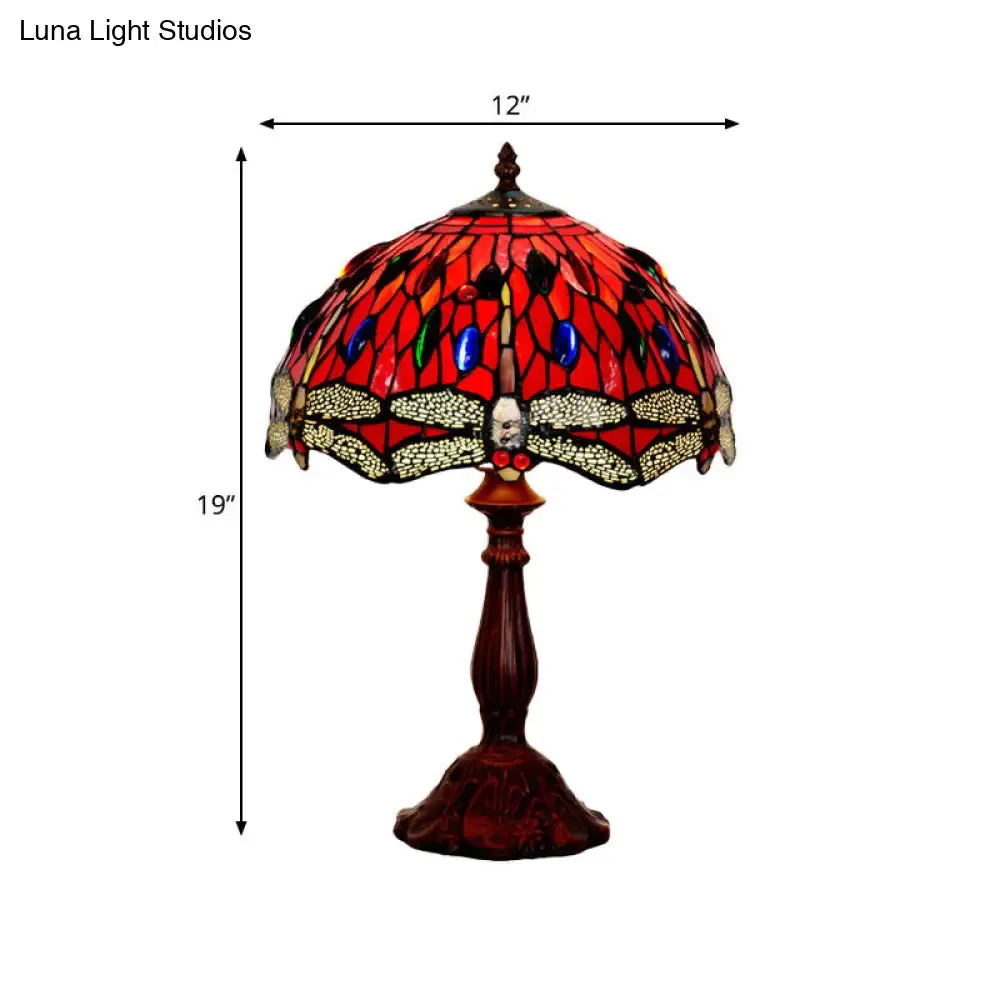 Giedi - Laburnum Laburnum Table Light 1-Light Red Glass Tiffany Nightstand Lamp with Gem-Like Cabochons in Bronze