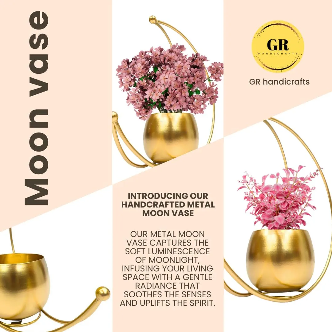 GR handicrafts Metal Geometric Design Vase with Gold Finish - Table Decorative Flower Pot (Moon vase) (Size: 26X26)