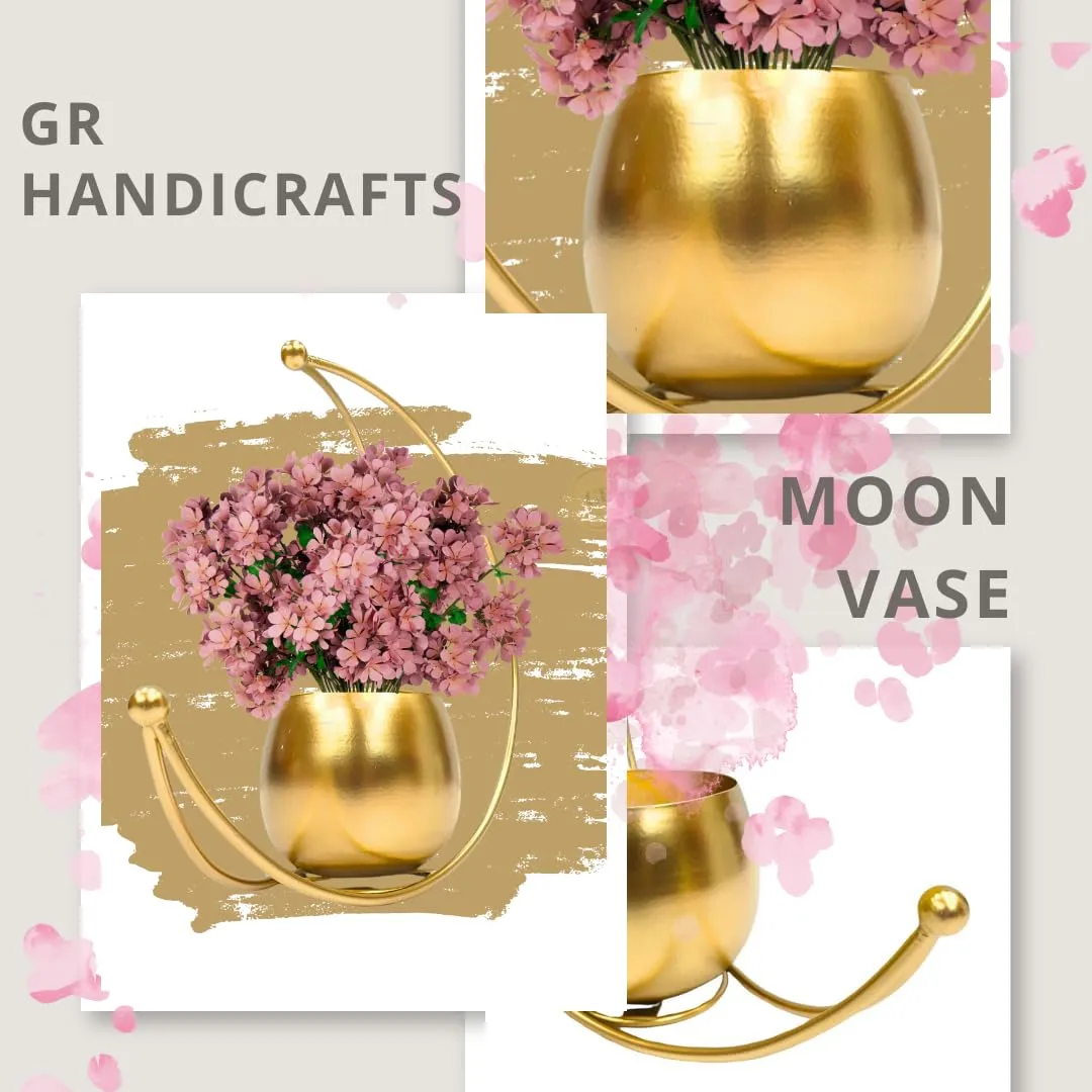 GR handicrafts Metal Geometric Design Vase with Gold Finish - Table Decorative Flower Pot (Moon vase) (Size: 26X26)