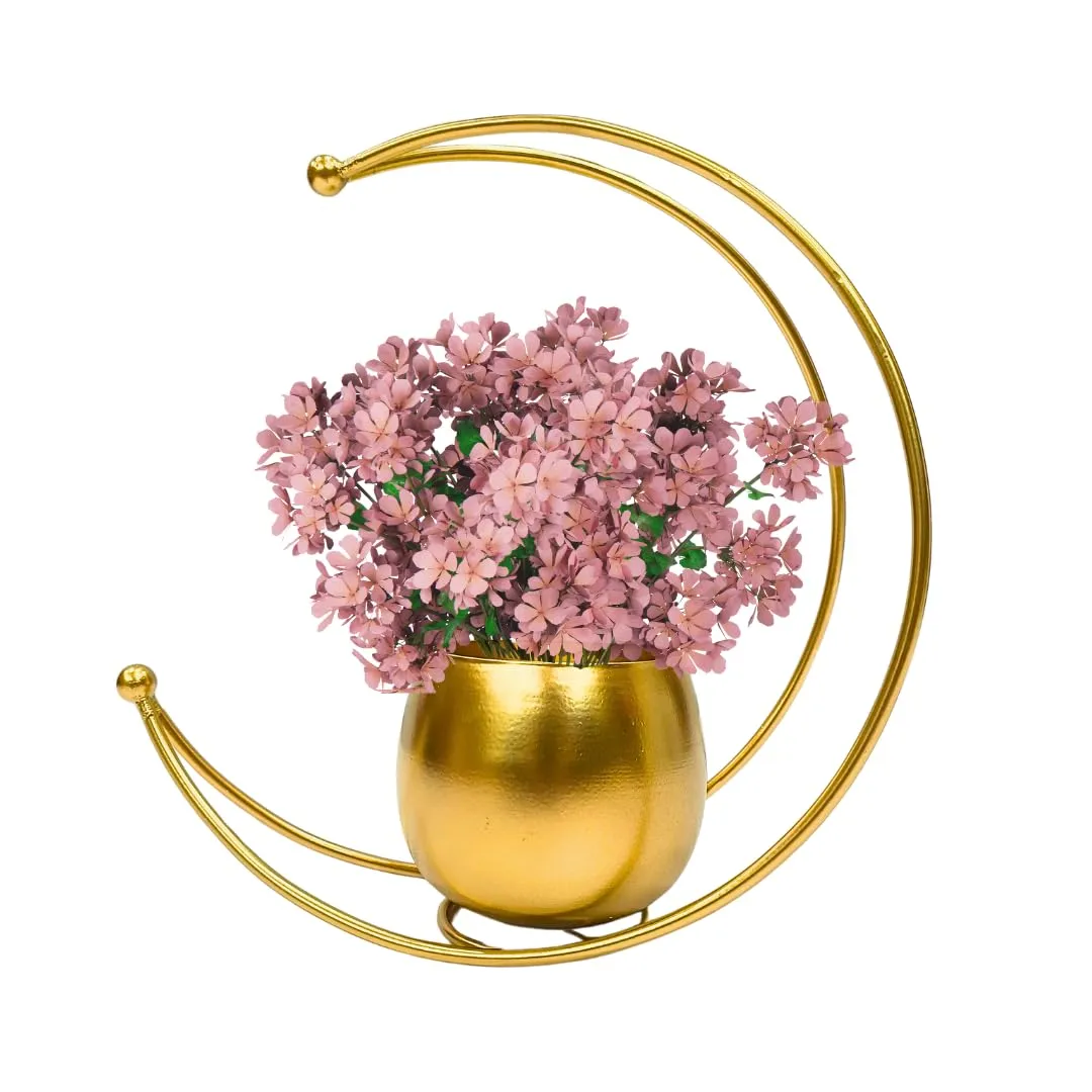 GR handicrafts Metal Geometric Design Vase with Gold Finish - Table Decorative Flower Pot (Moon vase) (Size: 26X26)