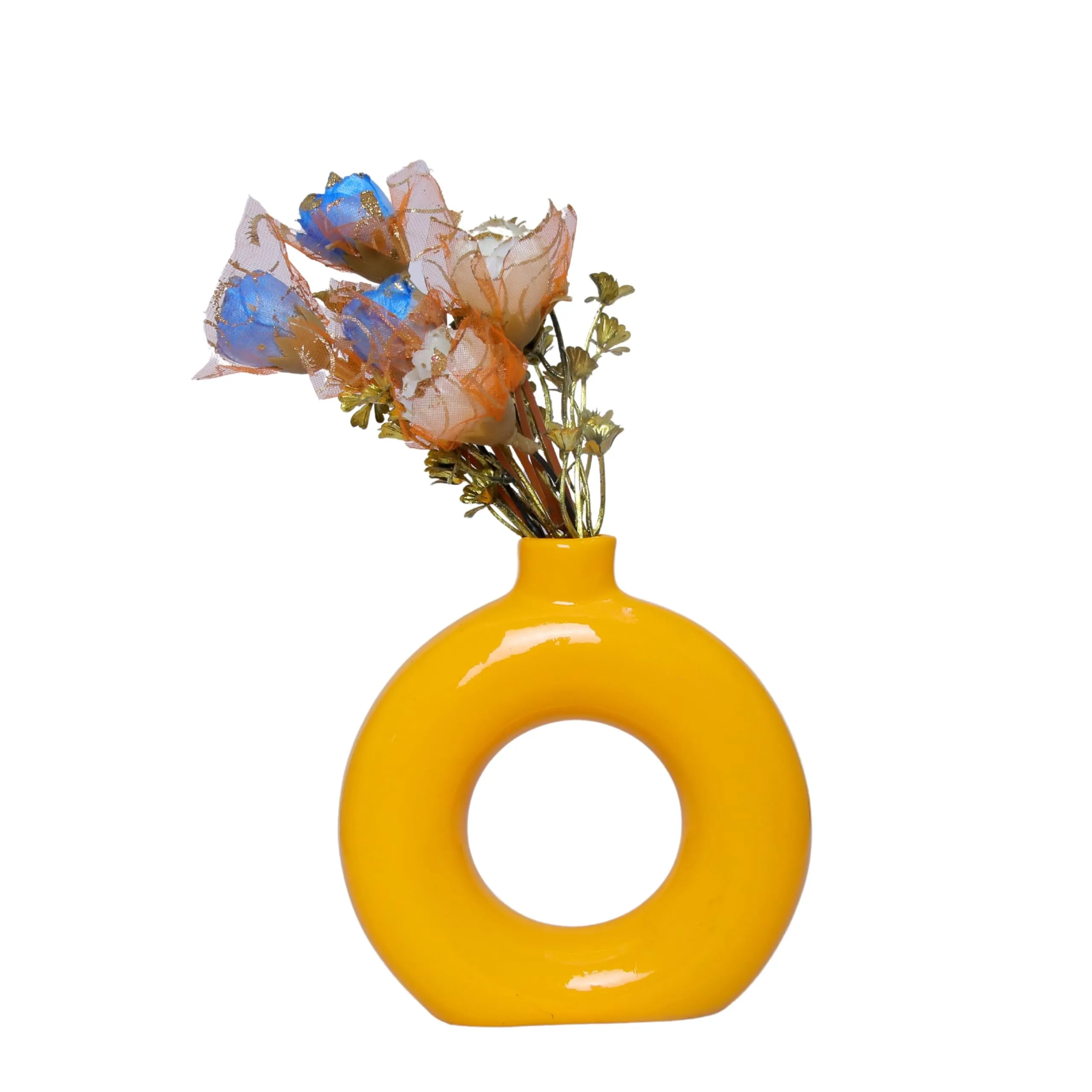 GW Creations Yellow Vase/Flower Vase/Pampas Grass Vase/Ceramic Vase/Round Shaped Vase/Home Decor Centrepiece/Decor Showpiece Donut Vase (Yellow)