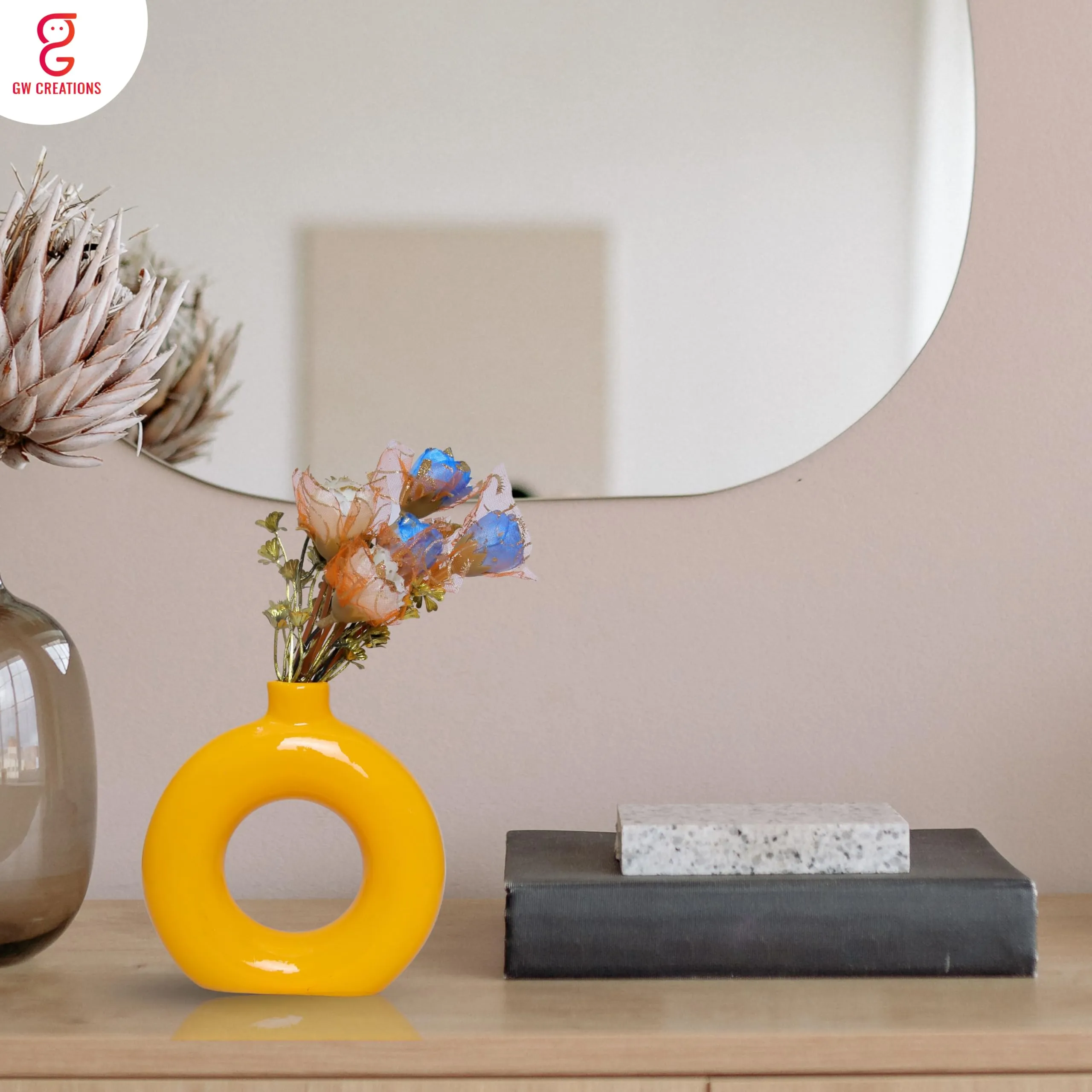 GW Creations Yellow Vase/Flower Vase/Pampas Grass Vase/Ceramic Vase/Round Shaped Vase/Home Decor Centrepiece/Decor Showpiece Donut Vase (Yellow)