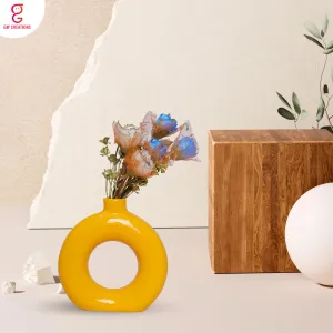 GW Creations Yellow Vase/Flower Vase/Pampas Grass Vase/Ceramic Vase/Round Shaped Vase/Home Decor Centrepiece/Decor Showpiece Donut Vase (Yellow)