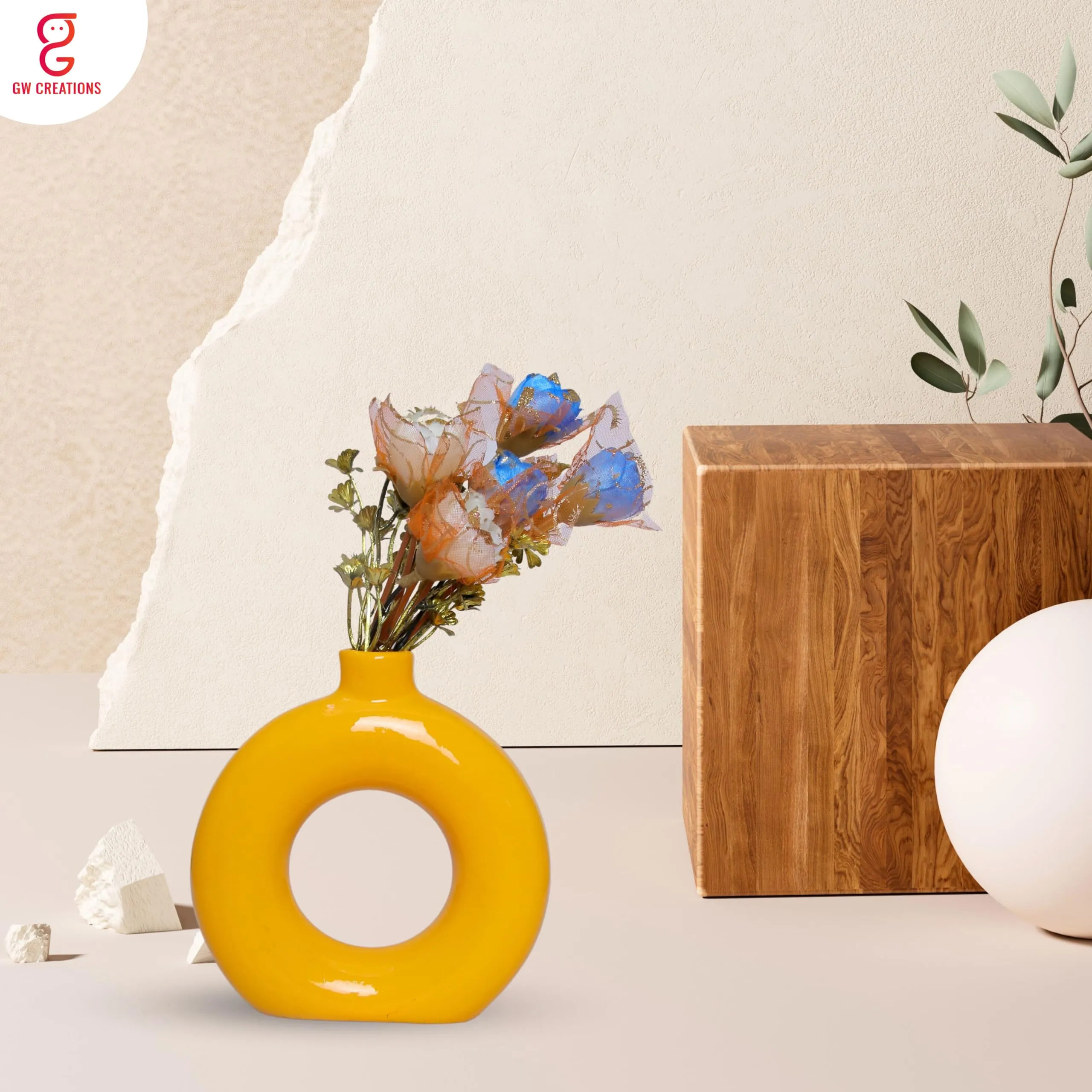 GW Creations Yellow Vase/Flower Vase/Pampas Grass Vase/Ceramic Vase/Round Shaped Vase/Home Decor Centrepiece/Decor Showpiece Donut Vase (Yellow)