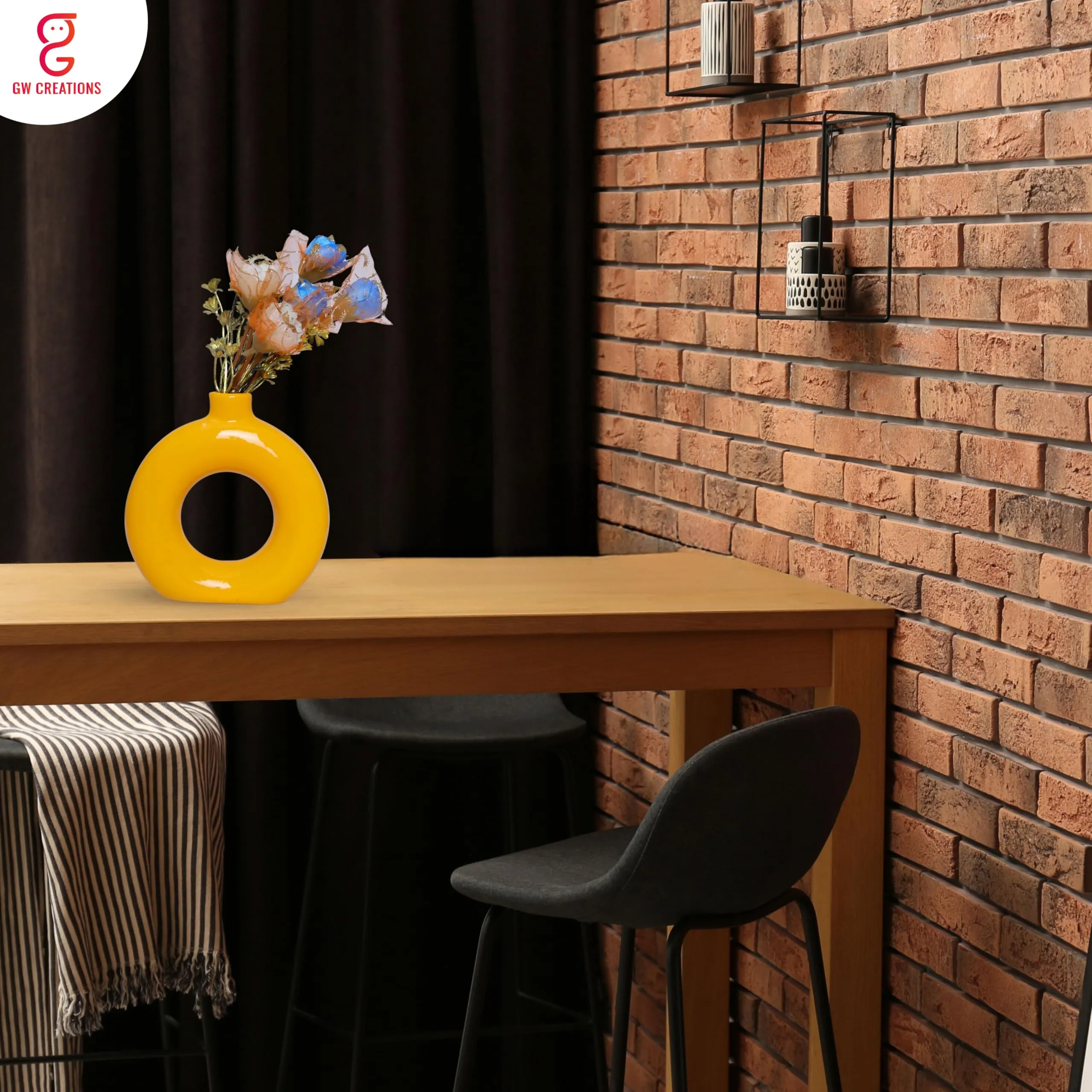 GW Creations Yellow Vase/Flower Vase/Pampas Grass Vase/Ceramic Vase/Round Shaped Vase/Home Decor Centrepiece/Decor Showpiece Donut Vase (Yellow)