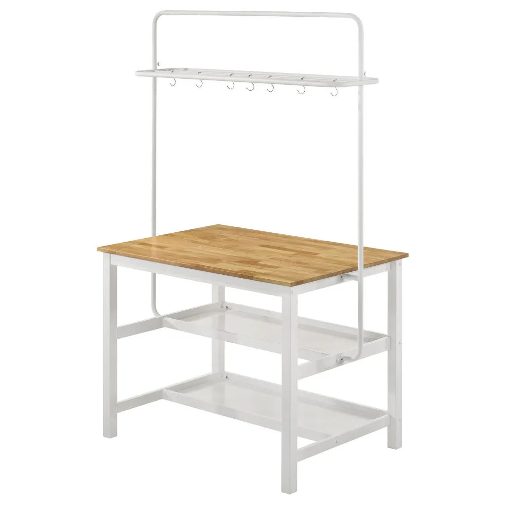Hoa 77 Inch Counter Height Kitchen Table, Racks, Hook Stand, White Wood By Casagear Home