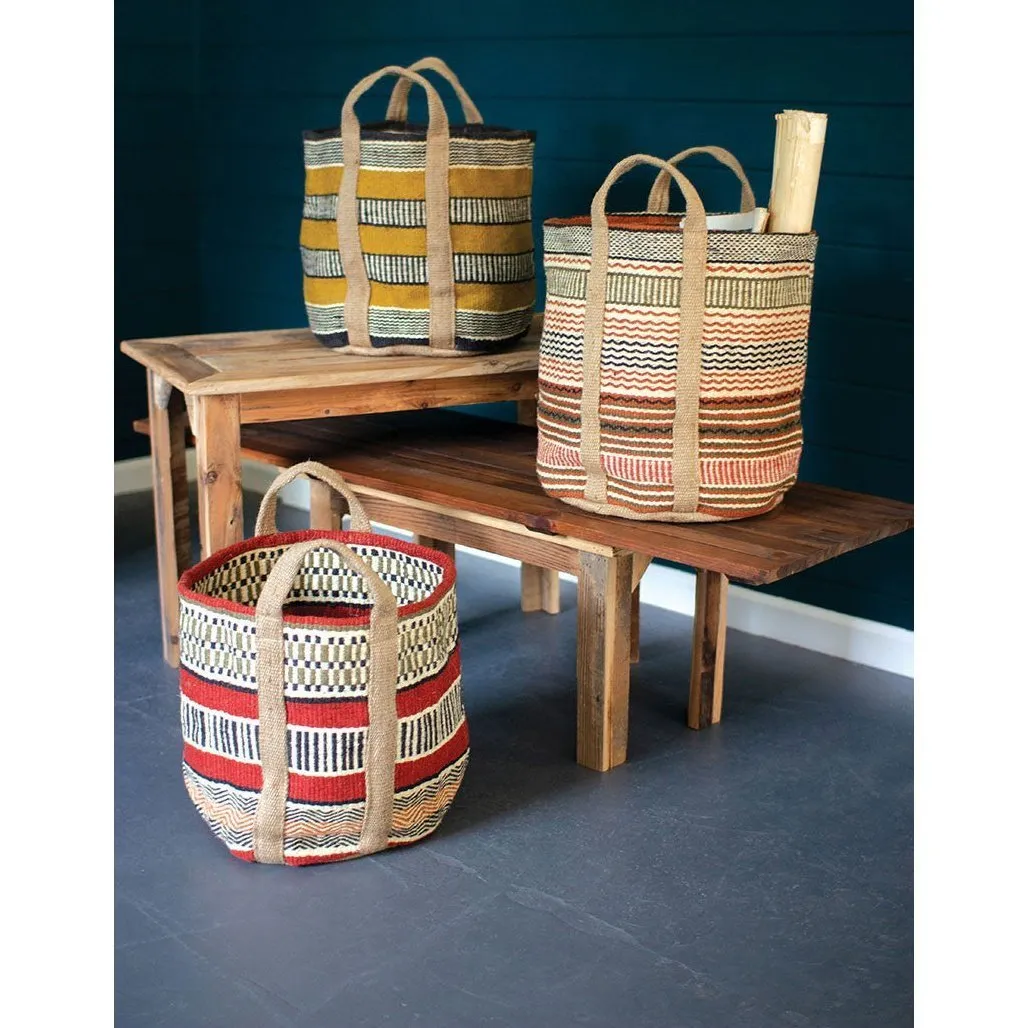 Kalalou - SET OF THREE MULTI-COLORED WOVEN JUTE BASKETS WITH HANDLES - NSSD1007