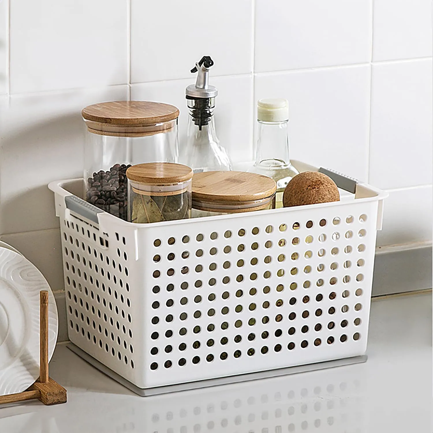 Kuber Industries (Set of 6) Plastic Baskets For Organizing - Storage Basket With Handle - For Makeup Items, Toys, Socks - White