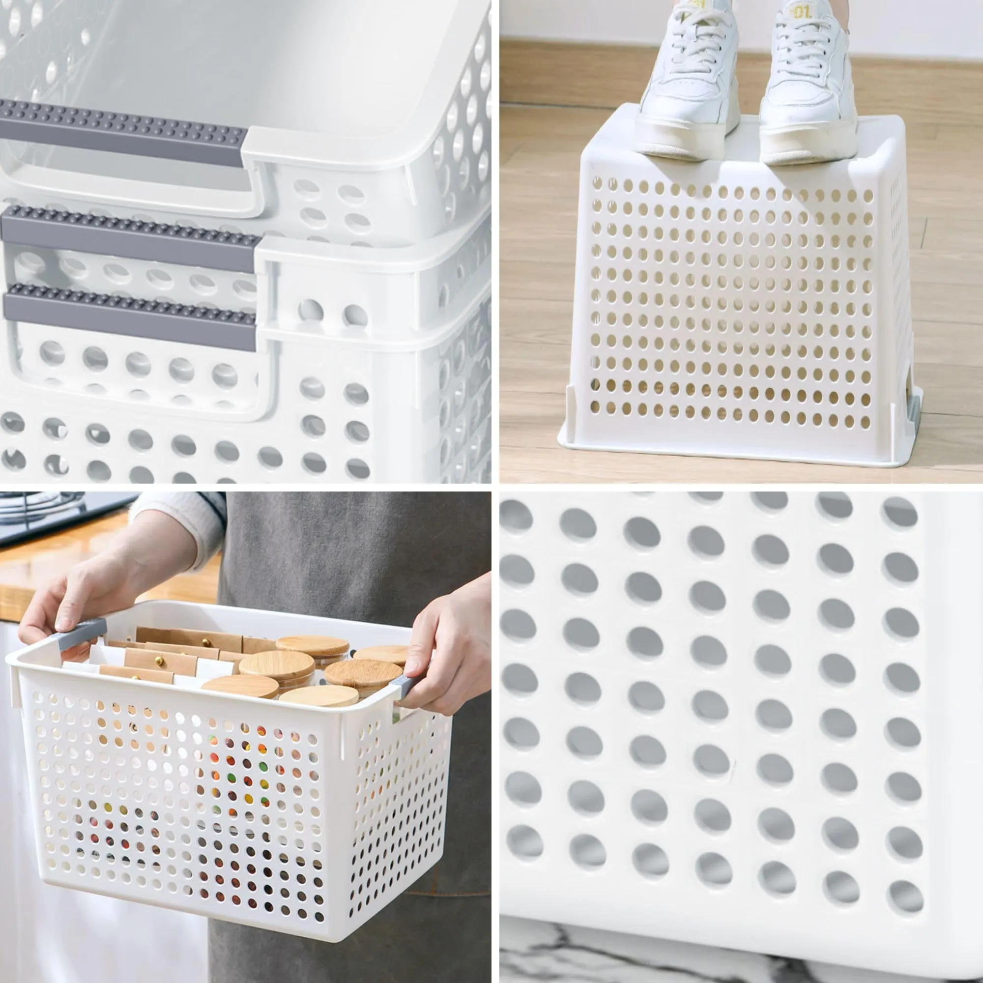 Kuber Industries (Set of 6) Plastic Baskets For Organizing - Storage Basket With Handle - For Makeup Items, Toys, Socks - White