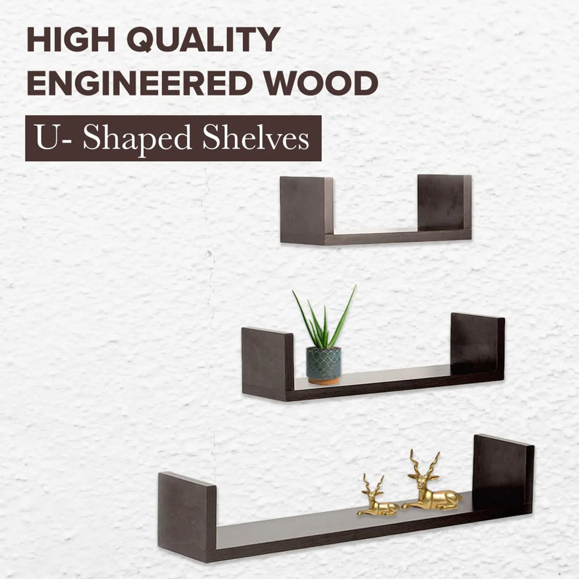Kuber Industries U-Shaped 3 Piece Sturdy Wooden Wall Mount Wooden Wall Shelf for Bedroom & Living Room | Furniture Hanging Wall Rack Shelf for Decor | Brown