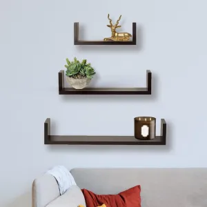 Kuber Industries U-Shaped 3 Piece Sturdy Wooden Wall Mount Wooden Wall Shelf for Bedroom & Living Room | Furniture Hanging Wall Rack Shelf for Decor | Brown