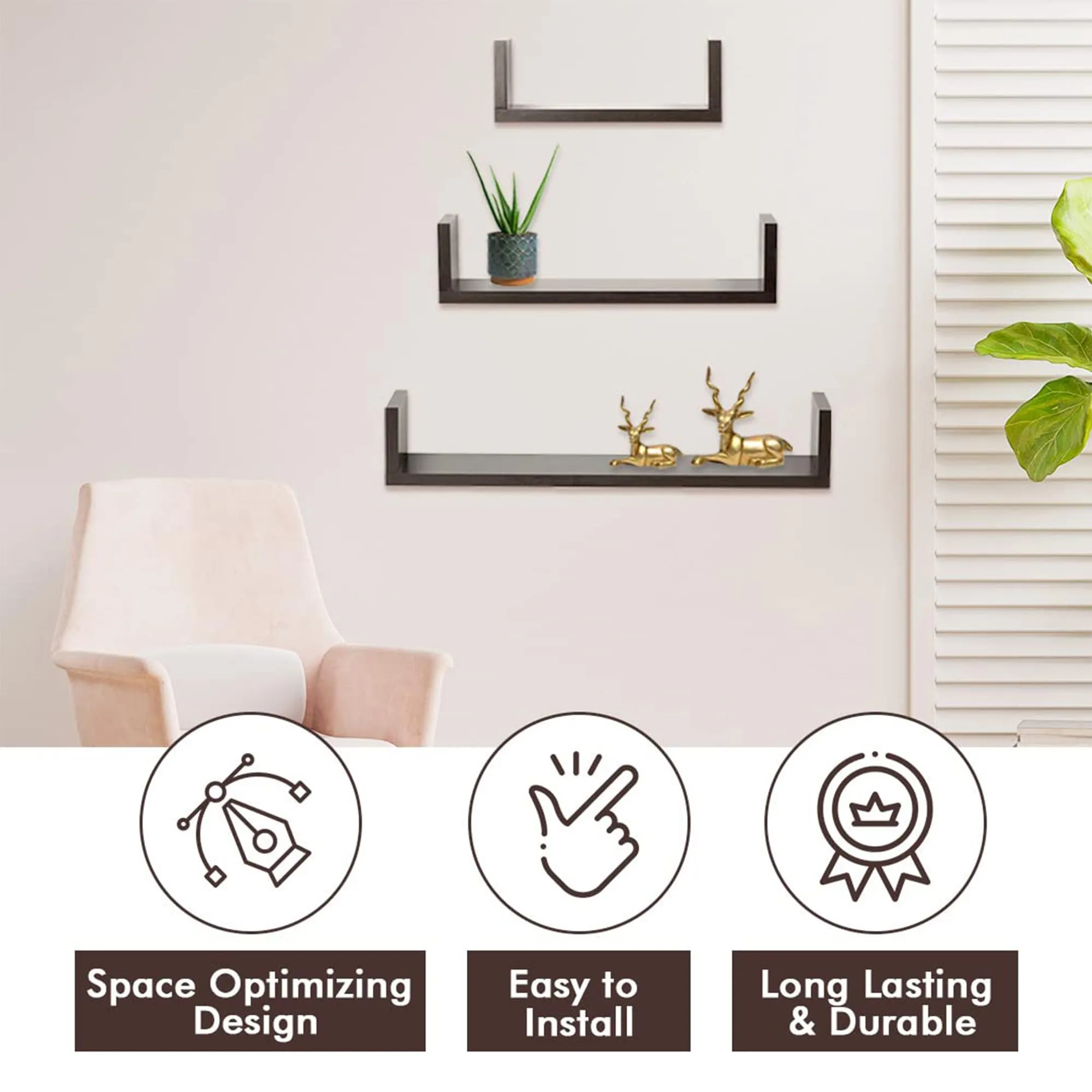 Kuber Industries U-Shaped 3 Piece Sturdy Wooden Wall Mount Wooden Wall Shelf for Bedroom & Living Room | Furniture Hanging Wall Rack Shelf for Decor | Brown