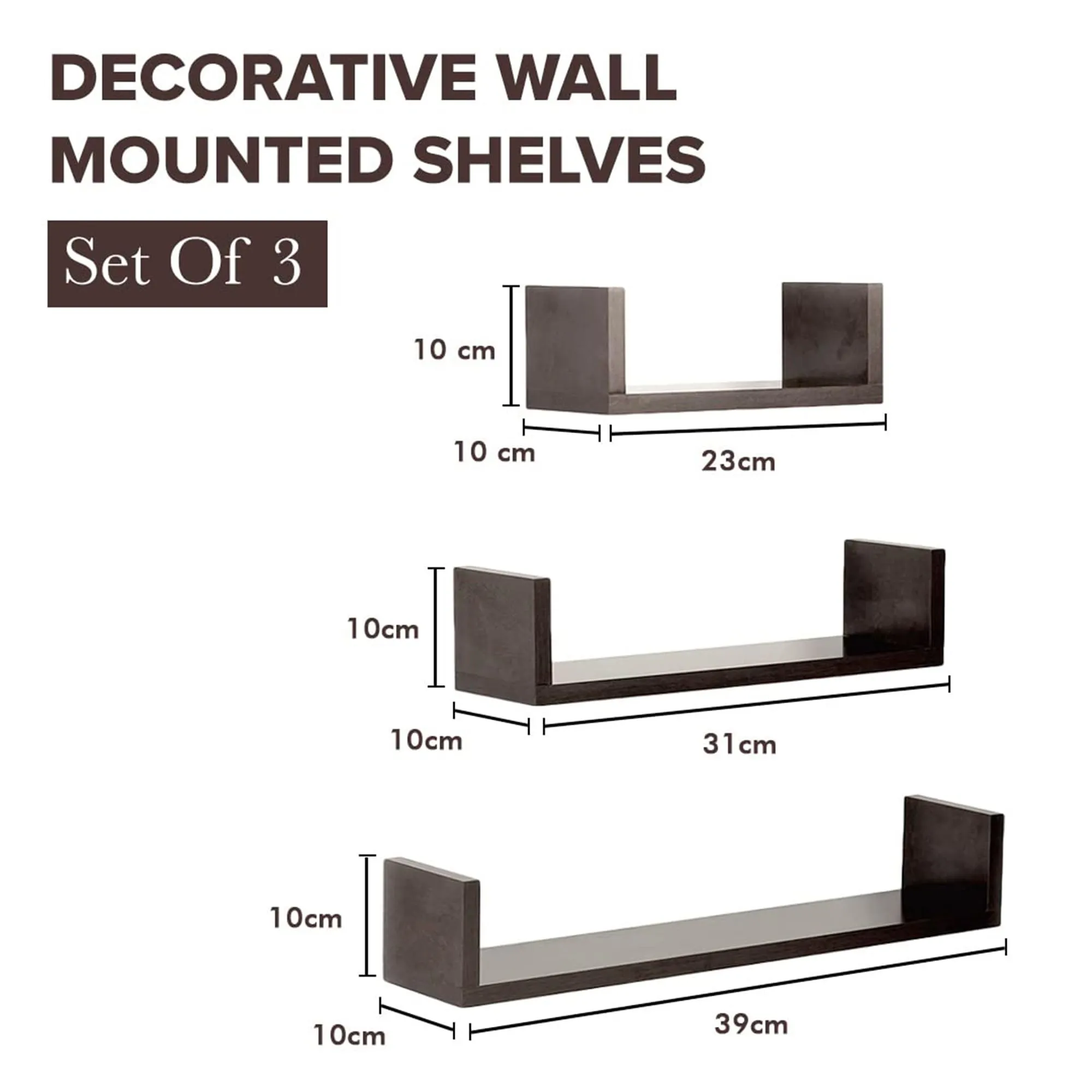 Kuber Industries U-Shaped 3 Piece Sturdy Wooden Wall Mount Wooden Wall Shelf for Bedroom & Living Room | Furniture Hanging Wall Rack Shelf for Decor | Brown