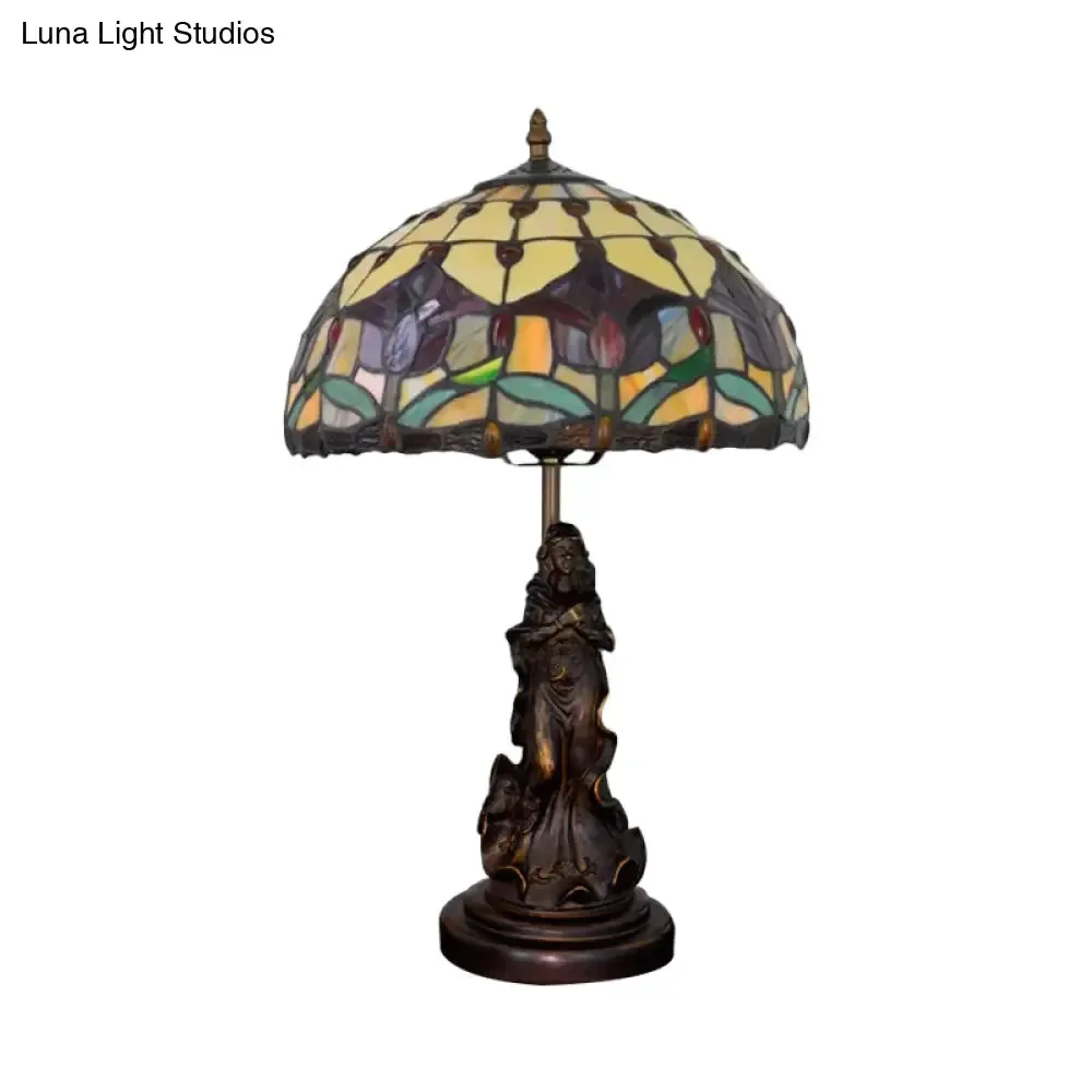 Louise - Tiffany Magpie/Flower Patterned Dome Night Lamp Tiffany White/Beige Stained Glass 1 Head Bronze Table Light with Angel Pedestal