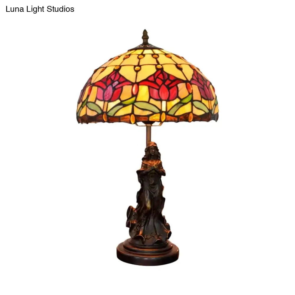 Louise - Tiffany Magpie/Flower Patterned Dome Night Lamp Tiffany White/Beige Stained Glass 1 Head Bronze Table Light with Angel Pedestal