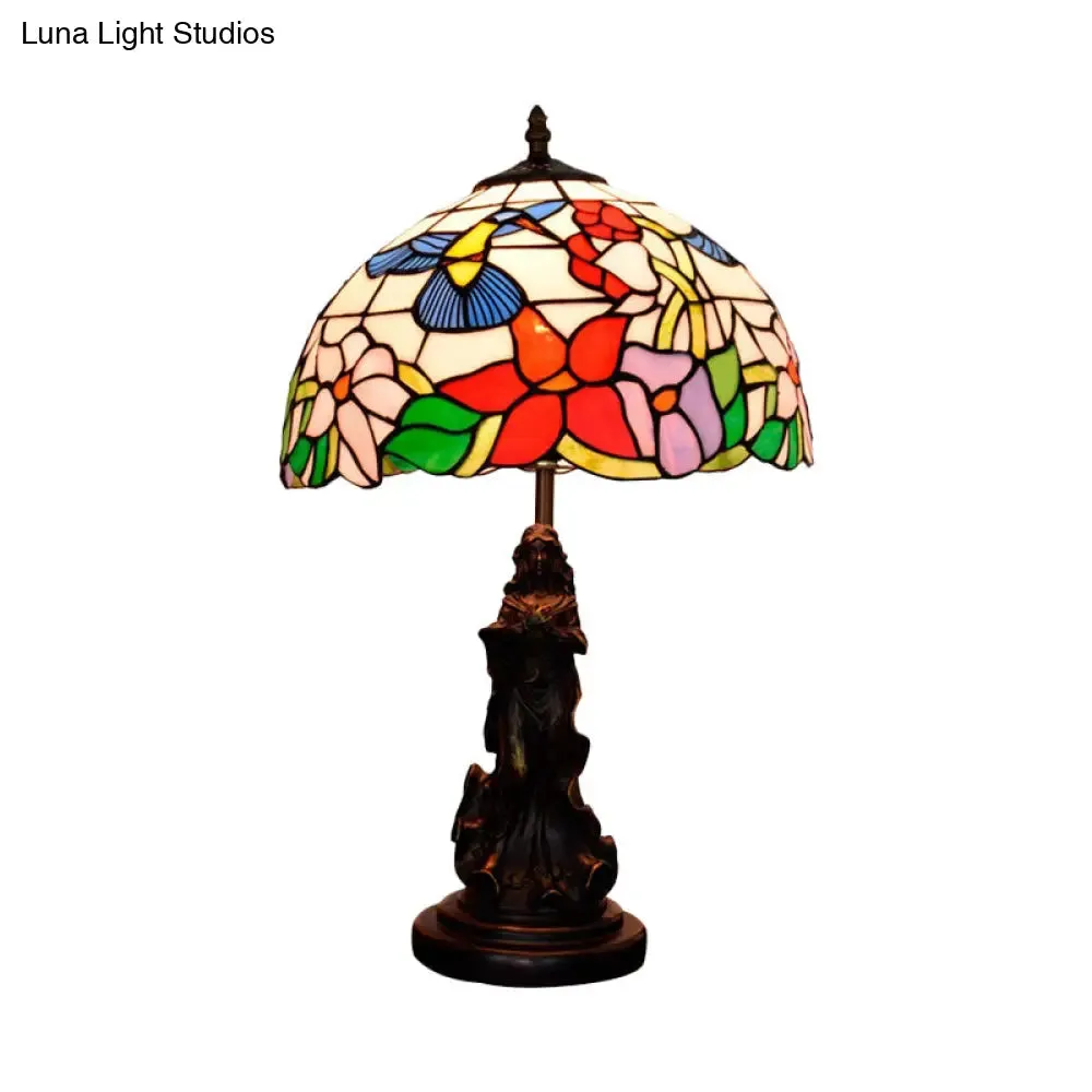 Louise - Tiffany Magpie/Flower Patterned Dome Night Lamp Tiffany White/Beige Stained Glass 1 Head Bronze Table Light with Angel Pedestal