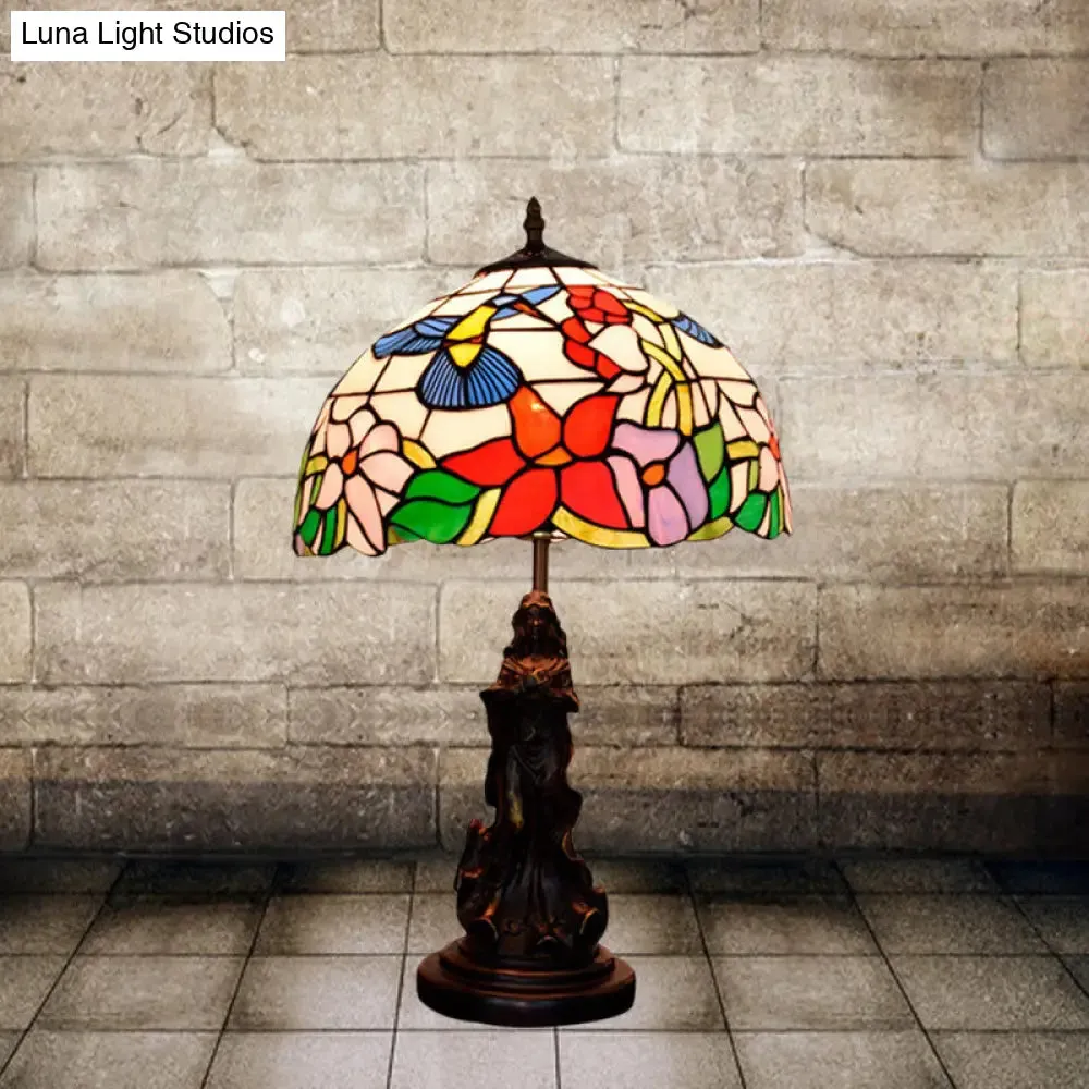 Louise - Tiffany Magpie/Flower Patterned Dome Night Lamp Tiffany White/Beige Stained Glass 1 Head Bronze Table Light with Angel Pedestal