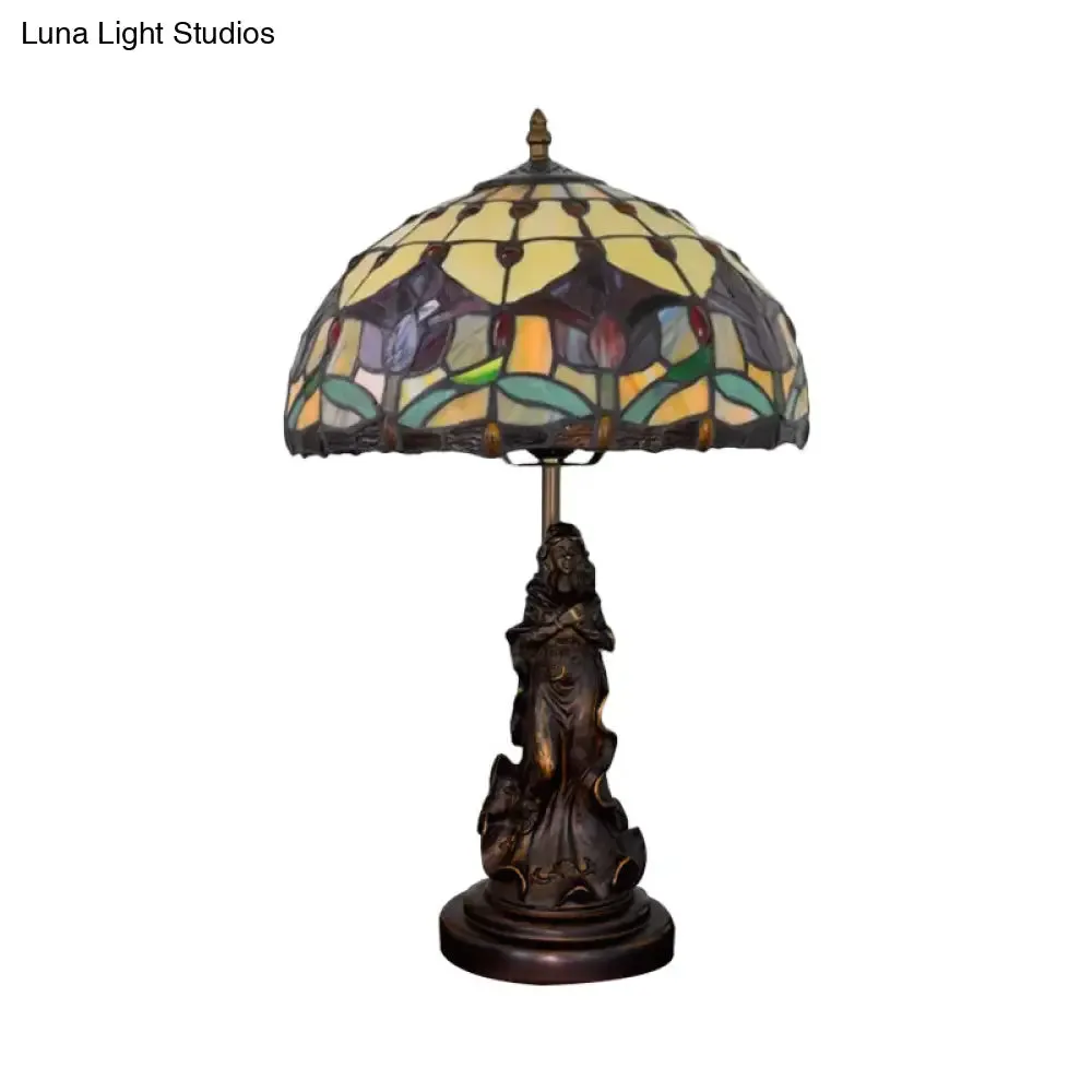 Louise - Tiffany Magpie/Flower Patterned Dome Night Lamp Tiffany White/Beige Stained Glass 1 Head Bronze Table Light with Angel Pedestal