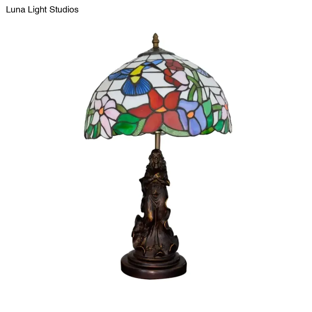 Louise - Tiffany Magpie/Flower Patterned Dome Night Lamp Tiffany White/Beige Stained Glass 1 Head Bronze Table Light with Angel Pedestal