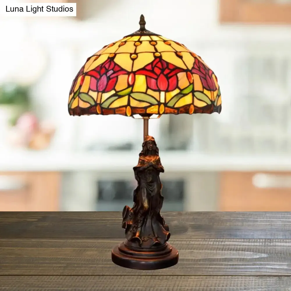 Louise - Tiffany Magpie/Flower Patterned Dome Night Lamp Tiffany White/Beige Stained Glass 1 Head Bronze Table Light with Angel Pedestal