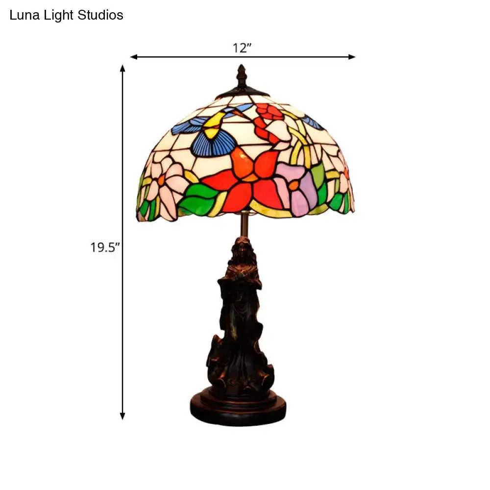 Louise - Tiffany Magpie/Flower Patterned Dome Night Lamp Tiffany White/Beige Stained Glass 1 Head Bronze Table Light with Angel Pedestal