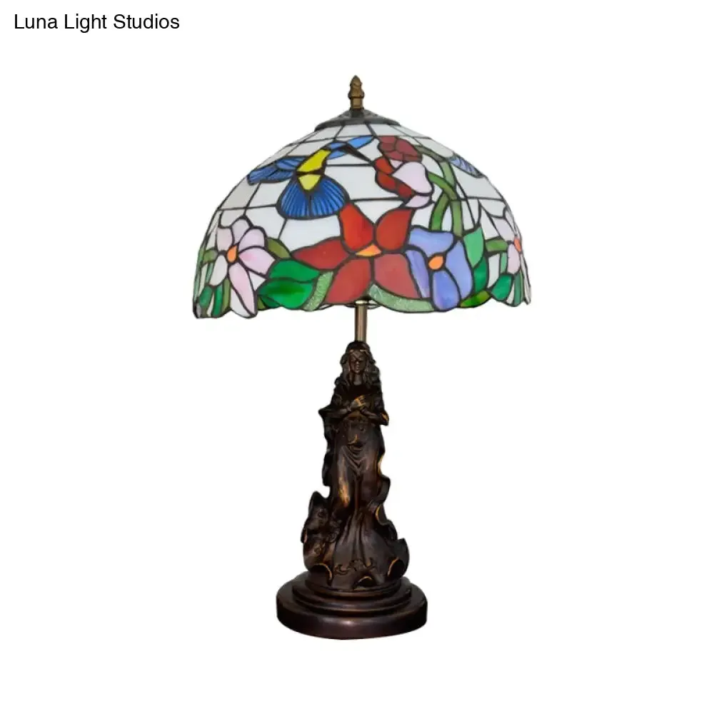 Louise - Tiffany Magpie/Flower Patterned Dome Night Lamp Tiffany White/Beige Stained Glass 1 Head Bronze Table Light with Angel Pedestal