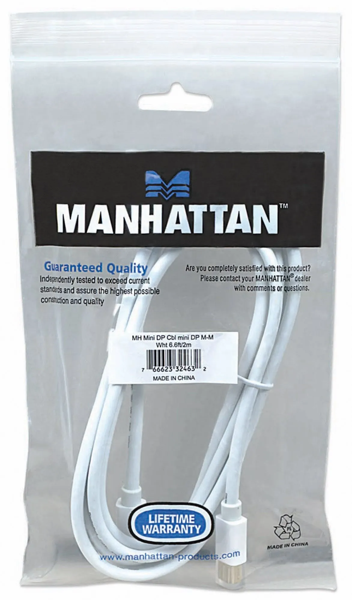 Manhattan Mini Display-Port Male To Male Cable 2.0M White 324632