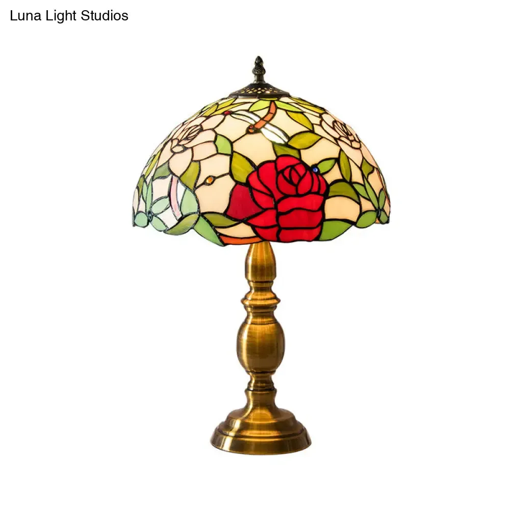 Melanie - Traditional Green Glass Dome Night Lamp with Rose & Dragonfly Pattern