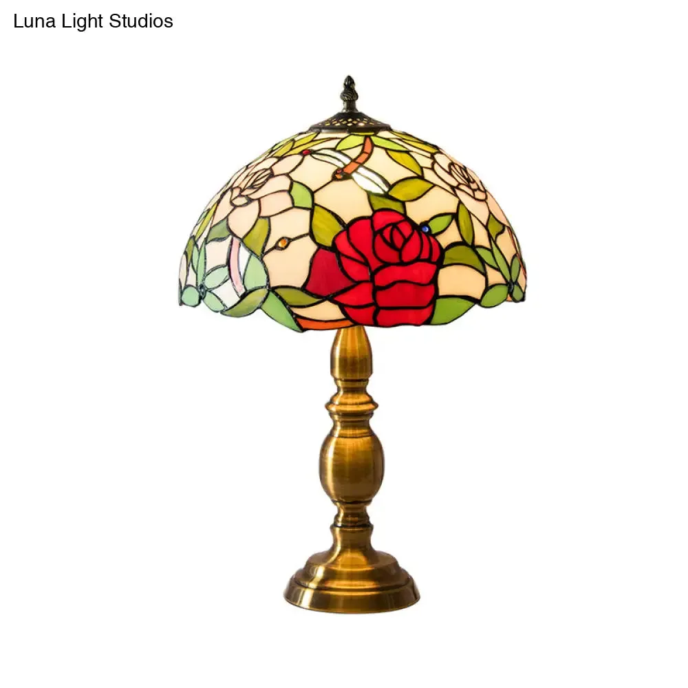 Melanie - Traditional Green Glass Dome Night Lamp with Rose & Dragonfly Pattern