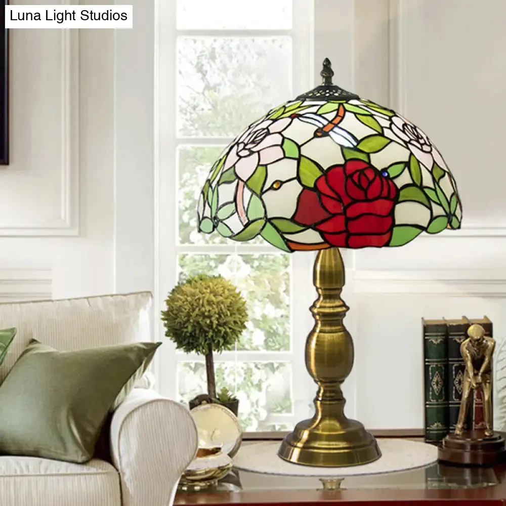 Melanie - Traditional Green Glass Dome Night Lamp with Rose & Dragonfly Pattern