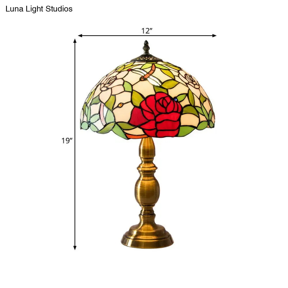 Melanie - Traditional Green Glass Dome Night Lamp with Rose & Dragonfly Pattern