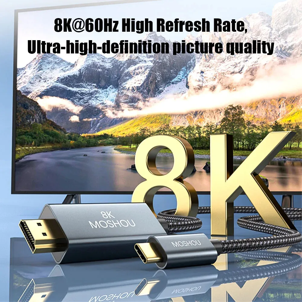 MOSHOU USB C to HDMI 2.1 Cable 8K@60Hz 4K@144Hz Braided Cord HDCP2.3 HDR DSC for MacBook Pro Samsung HP Dell