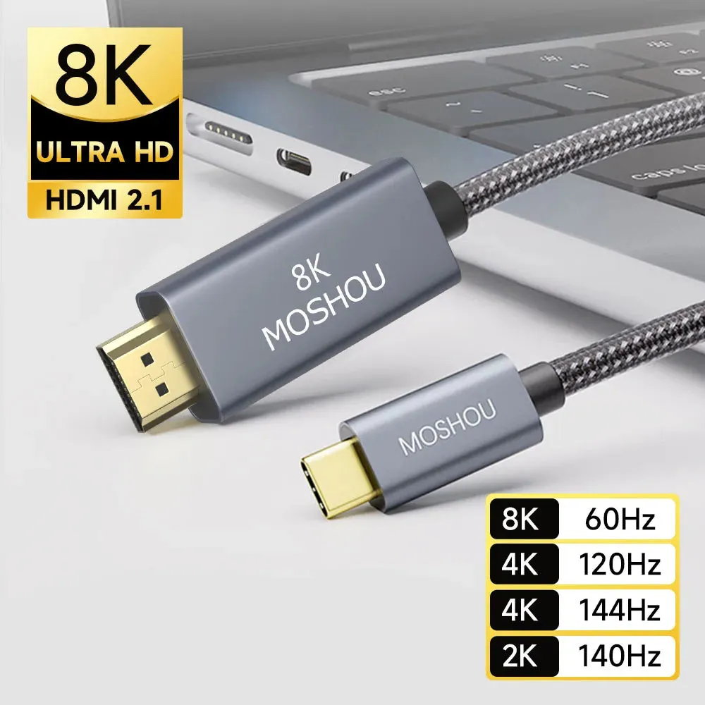 MOSHOU USB C to HDMI 2.1 Cable 8K@60Hz 4K@144Hz Braided Cord HDCP2.3 HDR DSC for MacBook Pro Samsung HP Dell